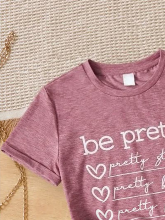 Camiseta de manga corta de verano para niñas con estampado de letras de corazón