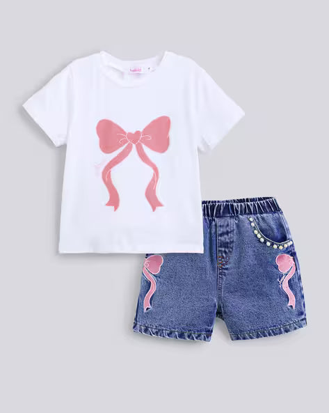 Conjunto de 2pcs, camiseta y pantalón corto, estampado de lazos rosa para niñas