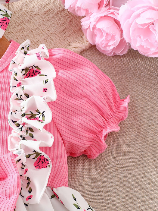 Vestido para niñas con estampado floral, detalle de lazo y borde festoneado, manga abullonada