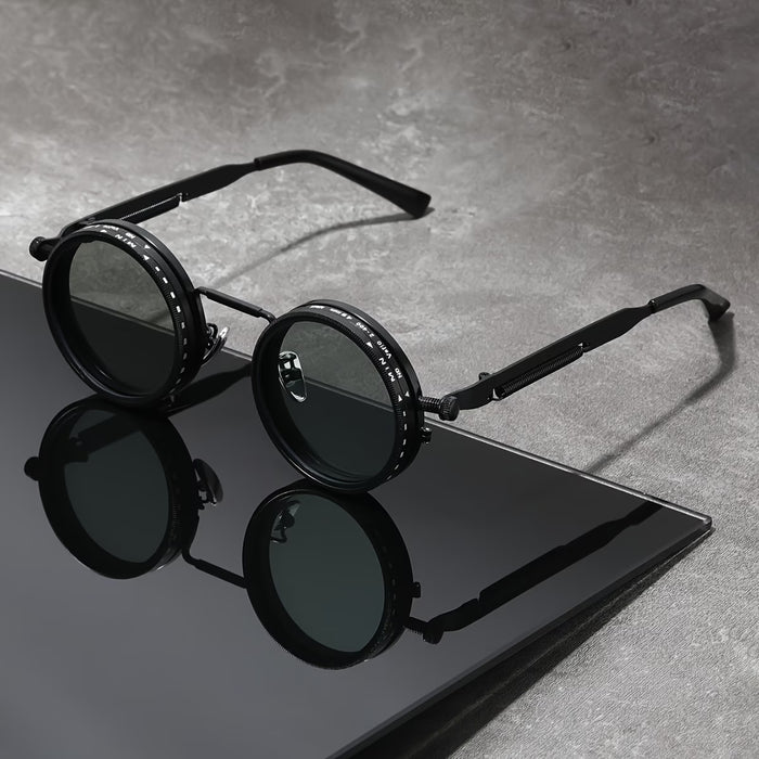 Gafas elegantes de montura redonda con diseño giratorio de 360° y polarización de brillo ajustable tipo lente