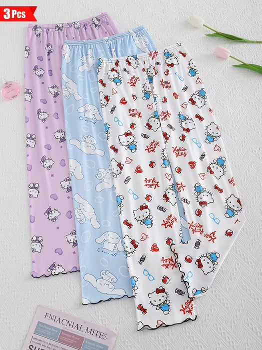 3pcs Pijamas de Mujer Dibujos Animados KT Gato Pantalones de Dormir