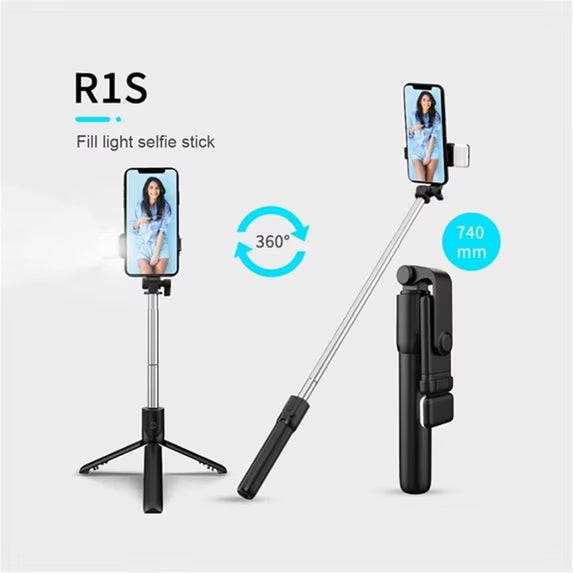 Trípode con palo selfie Bluetooth, control remoto inalámbrico desmontable y luz LED ajustable