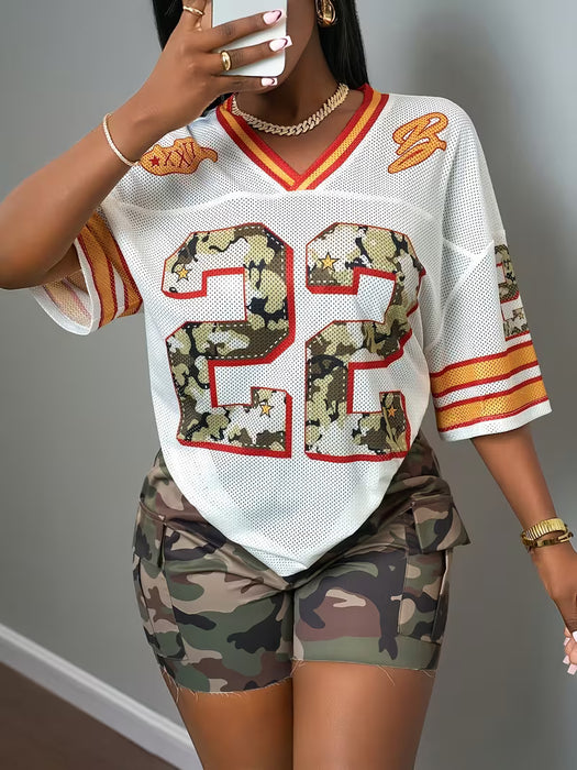 Camiseta deportiva casual de mujer con cuello en V y estampado digital