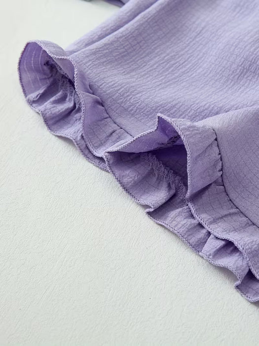 Conjunto de pijama para mujer con solapa y borde de hoja de loto, color liso