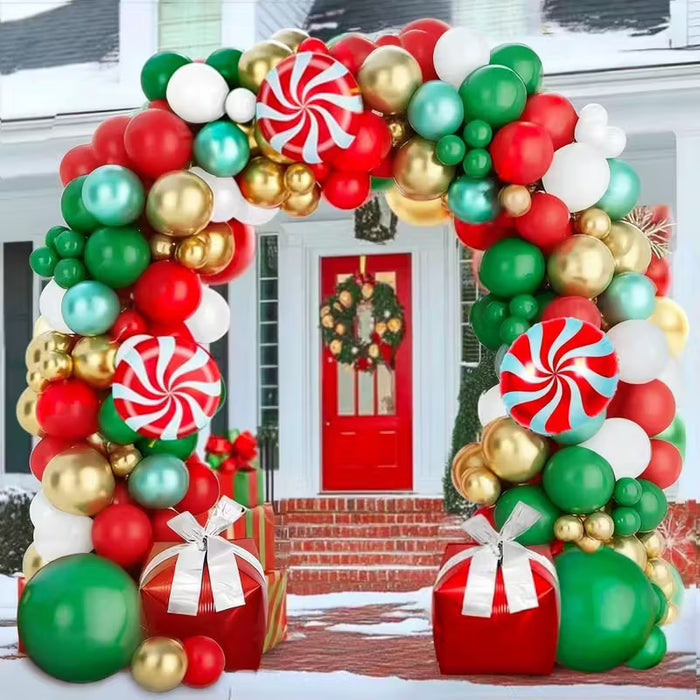Un set de 149 globos festivos en rojo, verde y dorado para crear un arco o guirnalda temática de Navidad