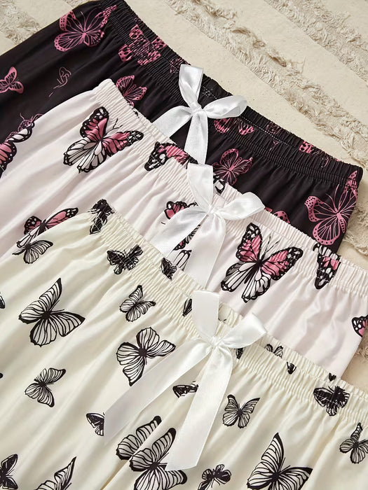 3pcs Pantalones pijamas para dormir de mujer con estampado de mariposas