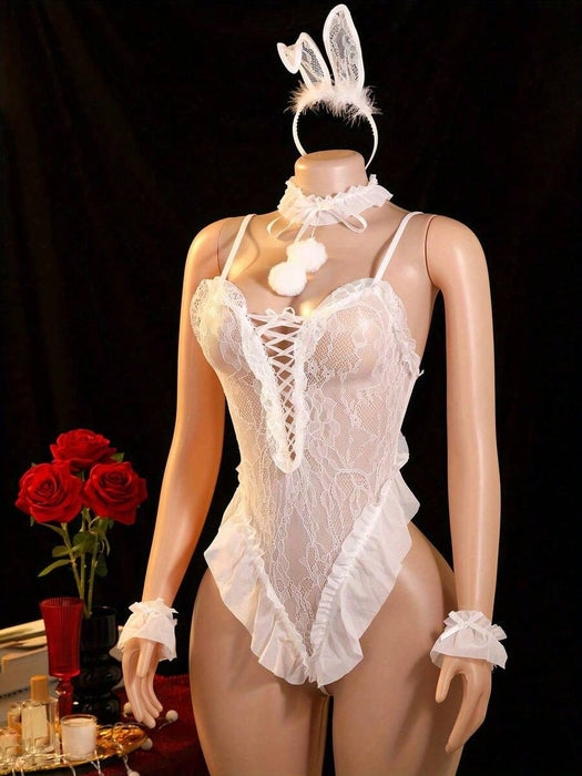 Lencería de encaje con diseño de conejita, conjunto de tirantes halter transparentes