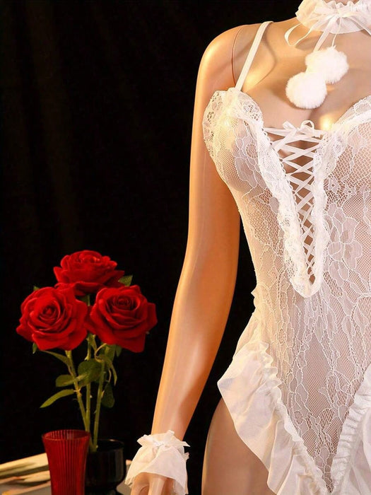 Lencería de encaje con diseño de conejita, conjunto de tirantes halter transparentes
