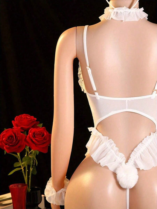 Lencería de encaje con diseño de conejita, conjunto de tirantes halter transparentes