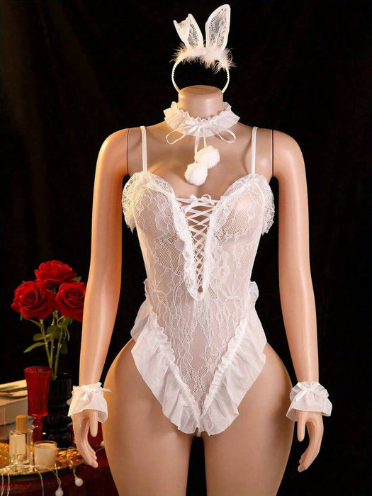 Lencería de encaje con diseño de conejita, conjunto de tirantes halter transparentes