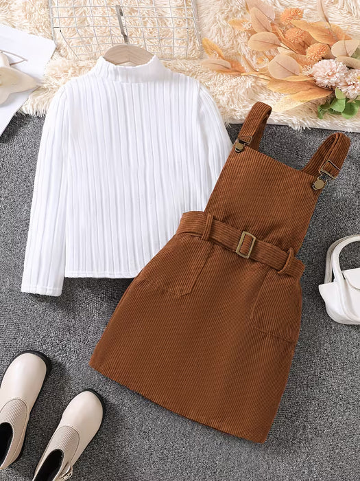 Conjunto Casual para Niñas: Top de Punto con Cuello Alto + Falda de Pana con Tirantes