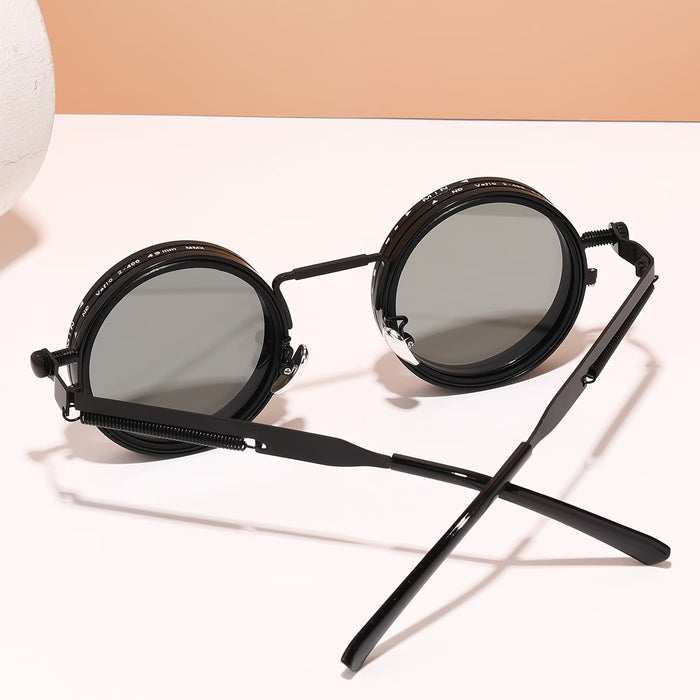 Gafas elegantes de montura redonda con diseño giratorio de 360° y polarización de brillo ajustable tipo lente