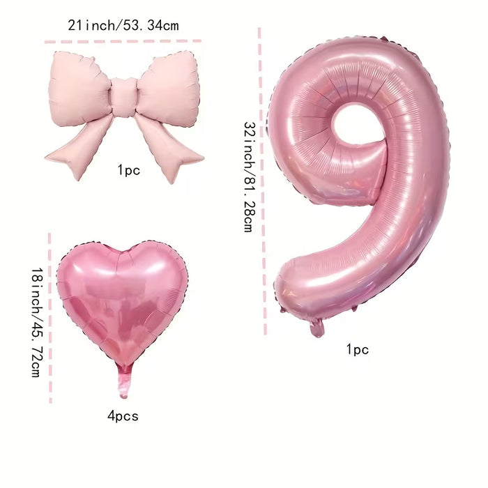 Juego de 6 globos de fiesta rosas con lazo y número con globos de corazón para fiesta de cumpleaños