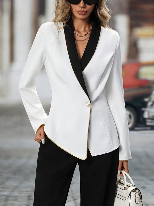 Elegante Blazer Asimétrico con Solapa en Contraste de Color Blanco