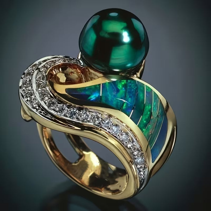 Anillo Boho-Chic de Perla Verde Falsa - Aleación, Piedra de Nacimiento de Mayo