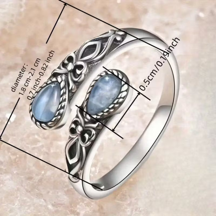 Anillo de Cuchara Ajustable Abierto con Incrustaciones de Piedra Lunar Sintética al Estilo Bohemio