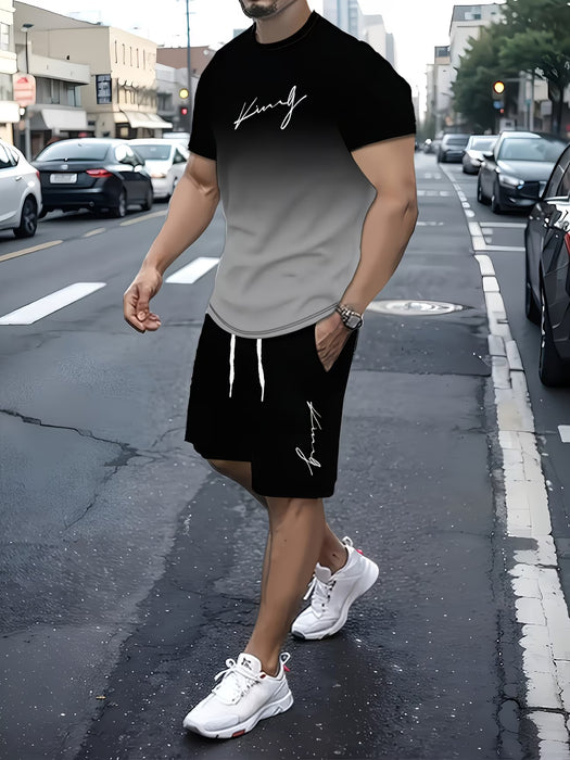 Conjunto deportivo de camiseta de manga corta con cuello redondo en degradado y pantalones cortos