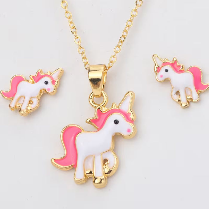 Juego de 2 piezas: Pendientes colgantes y collar de esmalte de lindo potro de unicornio rosa