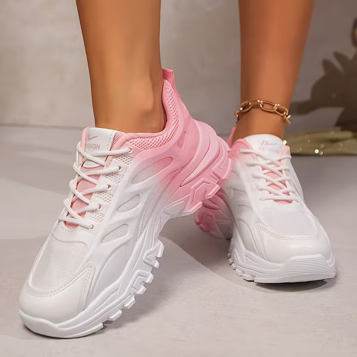 Zapatillas deportivas rosa de suela gruesa con plataforma y cordones para mujer