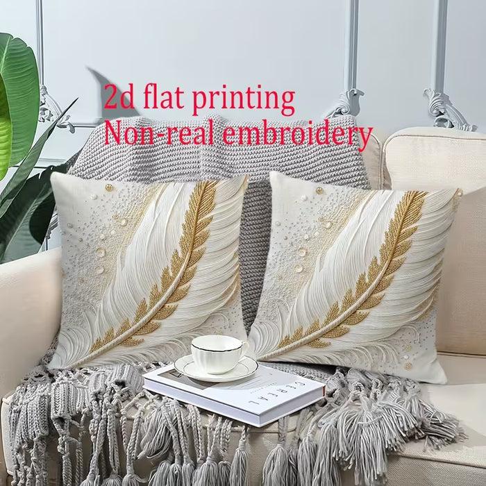 2 piezas Fundas de Almohada Elegantes con Estampado Plano en Terciopelo Corto y Plumas Doradas, 18in*18in