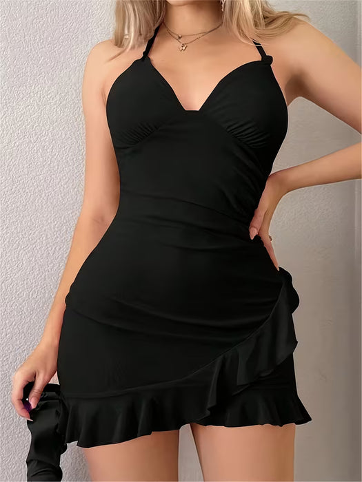Vestido corto entallado para mujer, con dobladillo asimétrico de volantes y tirantes con lazo en la espalda