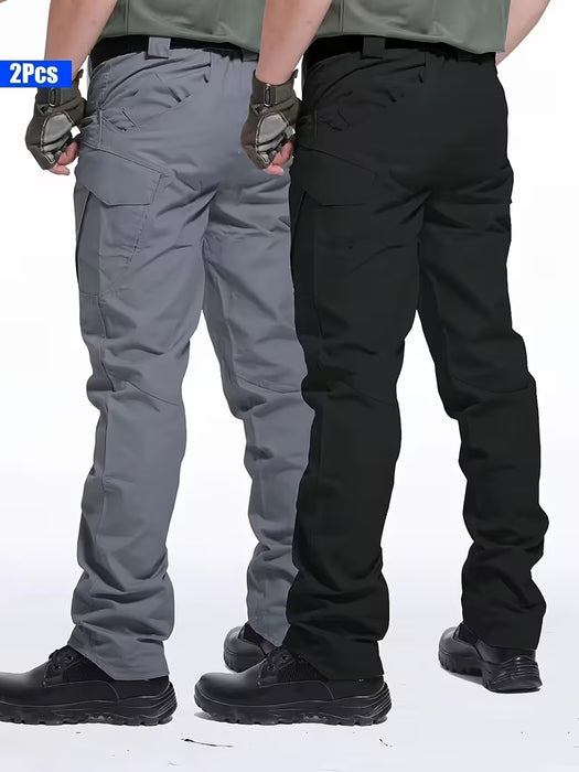 2 pantalones cargo tácticos para hombre, diseño de múltiples bolsillos, color liso, cintura elástica