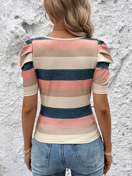 Camiseta occidental con borde, a rayas, cuello cuadrado y mangas abullonadas