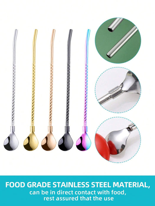 SHEIN Juego de 4 pajitas y cucharas multifuncionales de acero inoxidable
