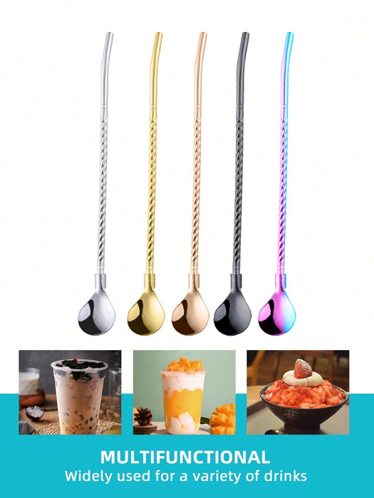 SHEIN Juego de 4 pajitas y cucharas multifuncionales de acero inoxidable