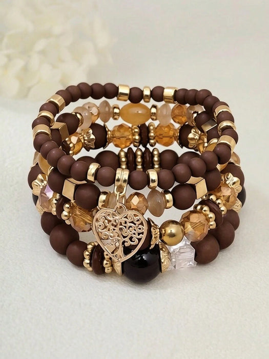 Conjunto de 4 pulseras multicapa estilo bohemio con colgantes de corazón, árbol de la vida y cuentas acrílicas