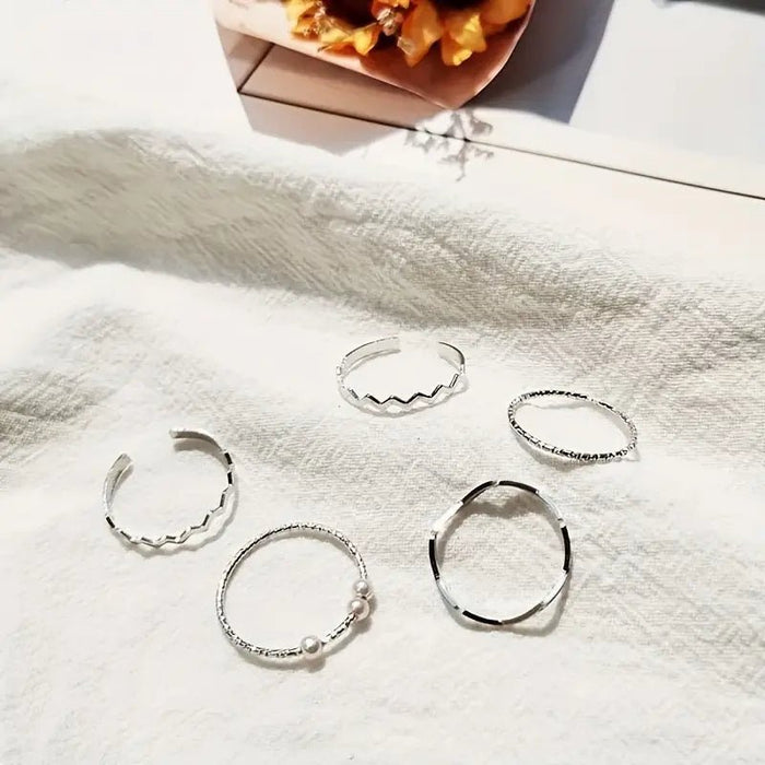 5 piezas, juego de anillos para mujer, diseño de perlas imitación - Quierox - Tienda Online