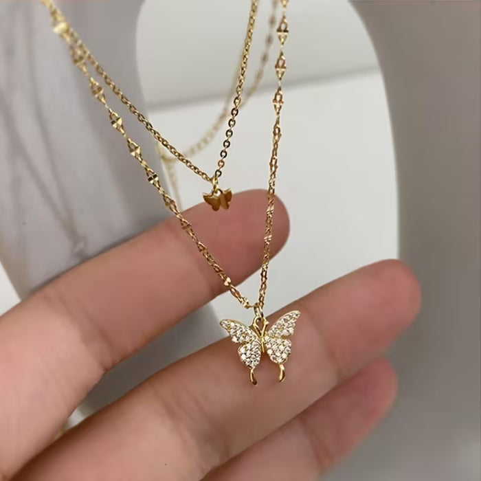2 collares de mariposa de doble capa ~ Diamantes de imitación