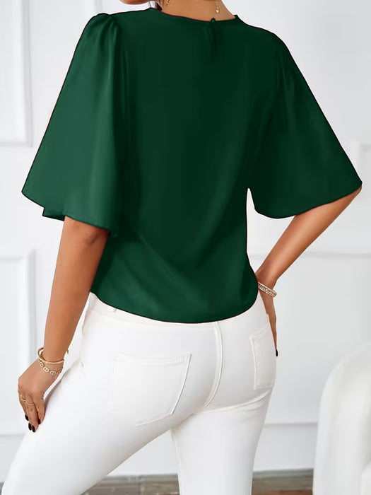 Camisa de Cuello Redondo en Color Sólido, Camisa con Mangas Volantes Elegantes