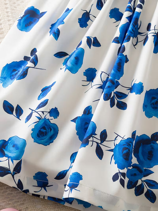 Vestido de moda para niña con patchwork floral de rosas y mangas con volantes