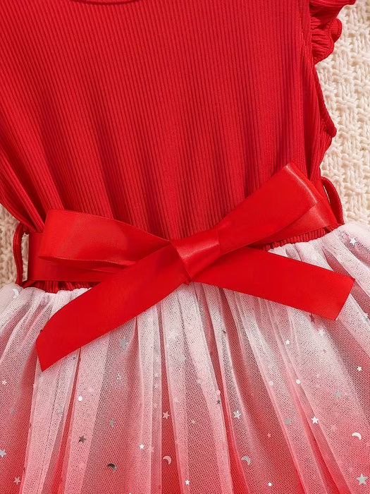 Vestido de verano para niña con manga de volantes, cuerpo de canalé