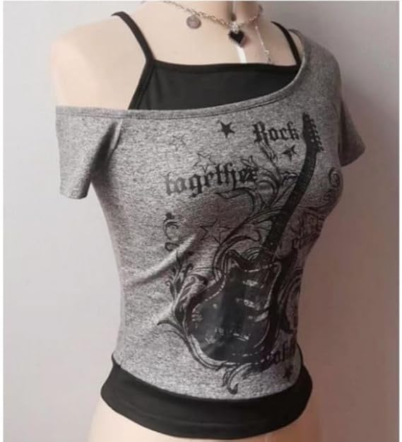 Camiseta Emo Grunge para mujer vintage Y2K de 2 piezas con estampado de guitarra