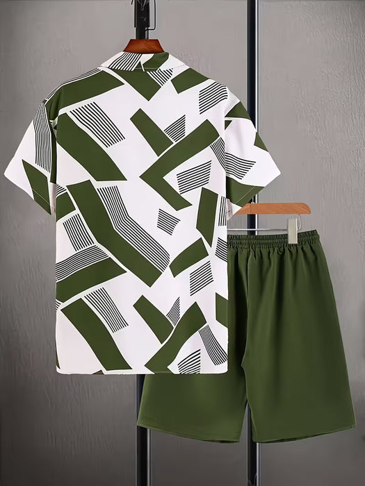 Conjunto de camiseta de manga corta estampada y shorts con bolsillo de hombre