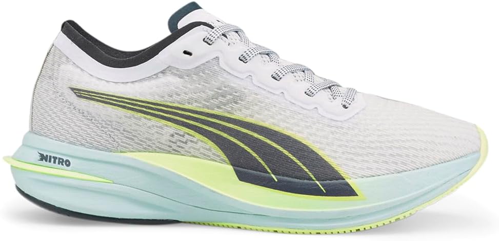 PUMA Zapatillas de running Deviate Nitro para mujer, blanco/gris oscuro/verde fluorescente