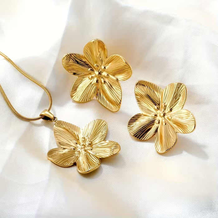 3 Piezas de Acero Inoxidable Juego de Collar y Aretes de Lujo con Diseño Floral