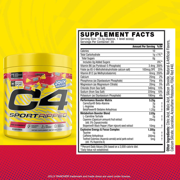 C4 Sport Ripped Pre Workout Powder - Jolly Rancher Cherry - Certificado NSF para deportistas