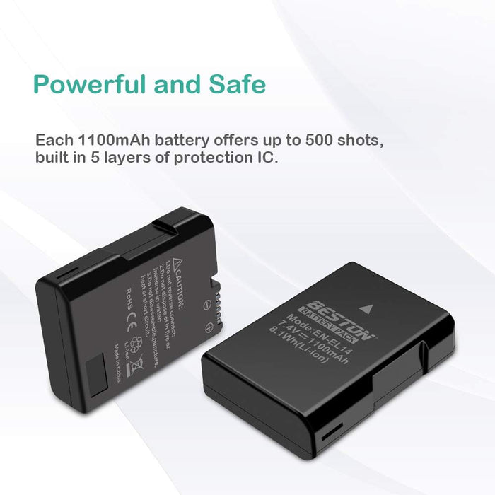 BESTON Paquete de 2 baterías EN-EL14 / EN-EL14a y cargador USB rápido compatible con Nikon