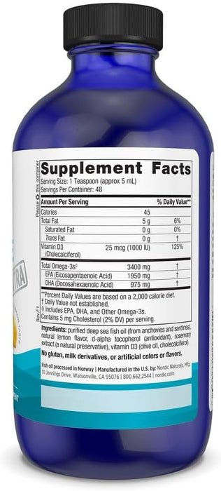 Nordic Naturals Ultimate Omega Xtra Liquid, sabor a limón, 8 onzas, 3400 mg de omega-3