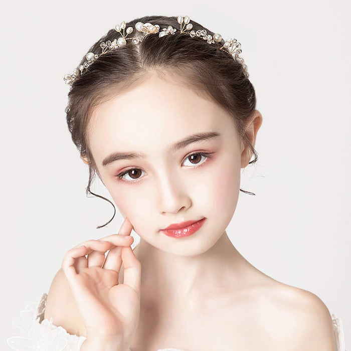 Diadema de princesa blanca con perlas para niñas de flores