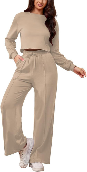 Conjunto deportivo de 2 piezas para mujer, Top manga larga y pantalón ancho y bolsillo