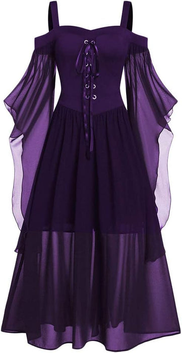 Vestido punk gótico para mujer, hombros descubiertos, manga mariposa