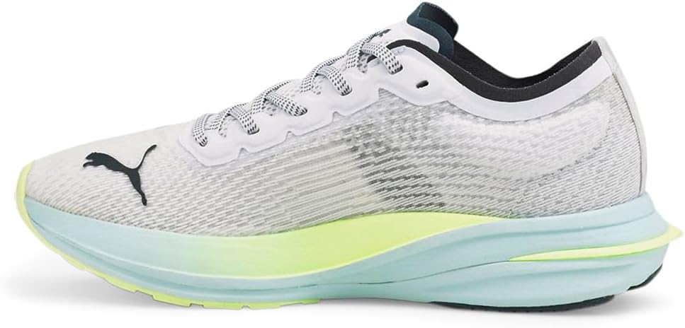 PUMA Zapatillas de running Deviate Nitro para mujer, blanco/gris oscuro/verde fluorescente