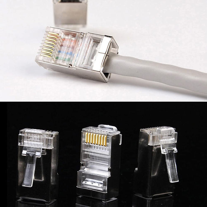 100pcs Conectores de protección de metal transparente, enchufe modular RJ-45, 8P8C