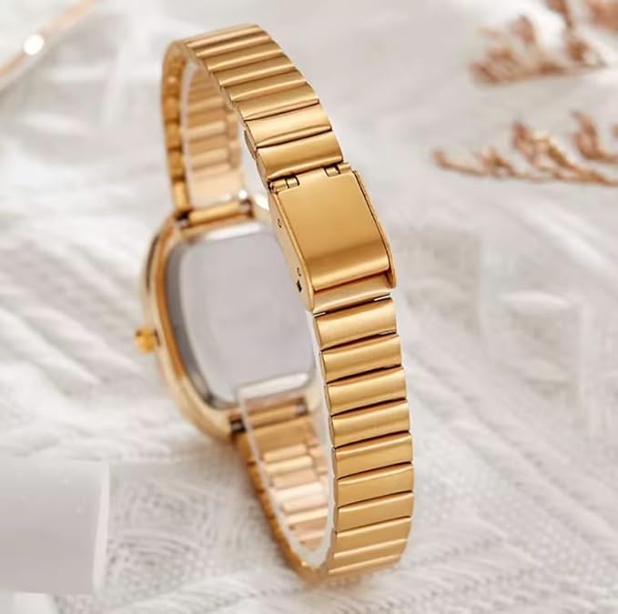 Reloj Ovalado para Mujer, Diseño Elegante Dorado, Correa Metálica Ajustable.