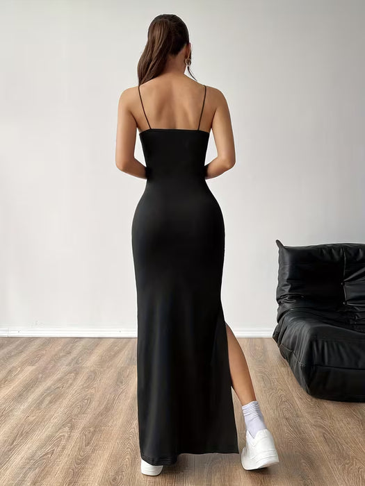 Vestido Maxi Elegante de Mujer con Espalda Descubierta y Abertura Lateral - Diseño Liso y Fruncido