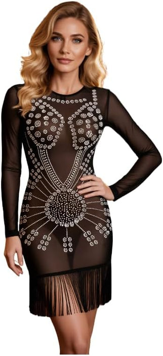 Vestido manga larga ajustado con borlas de cristal de malla
